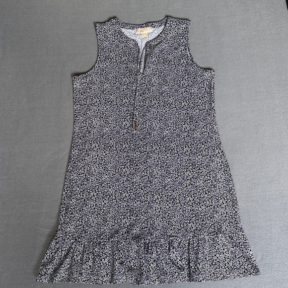 Michael Kors Black and White floral Patterned Midi Dress ruffle bottom Large - Picture 6 of 12